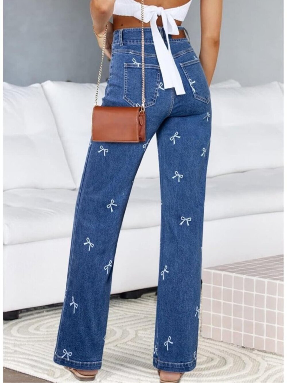 Women's U Blue High Waisted Straight Denim Pants Dual Button Leg Jeans - Picture 2 of 6